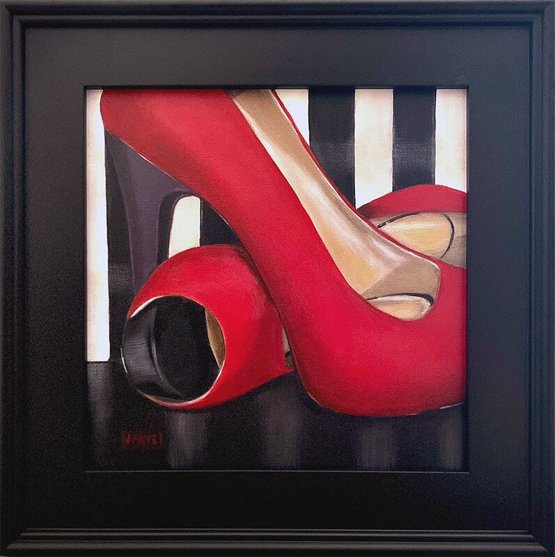 Black frame painting on red shoes with stripe background