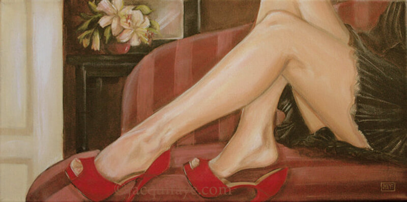 Girl with black dress and red shoes on chaise